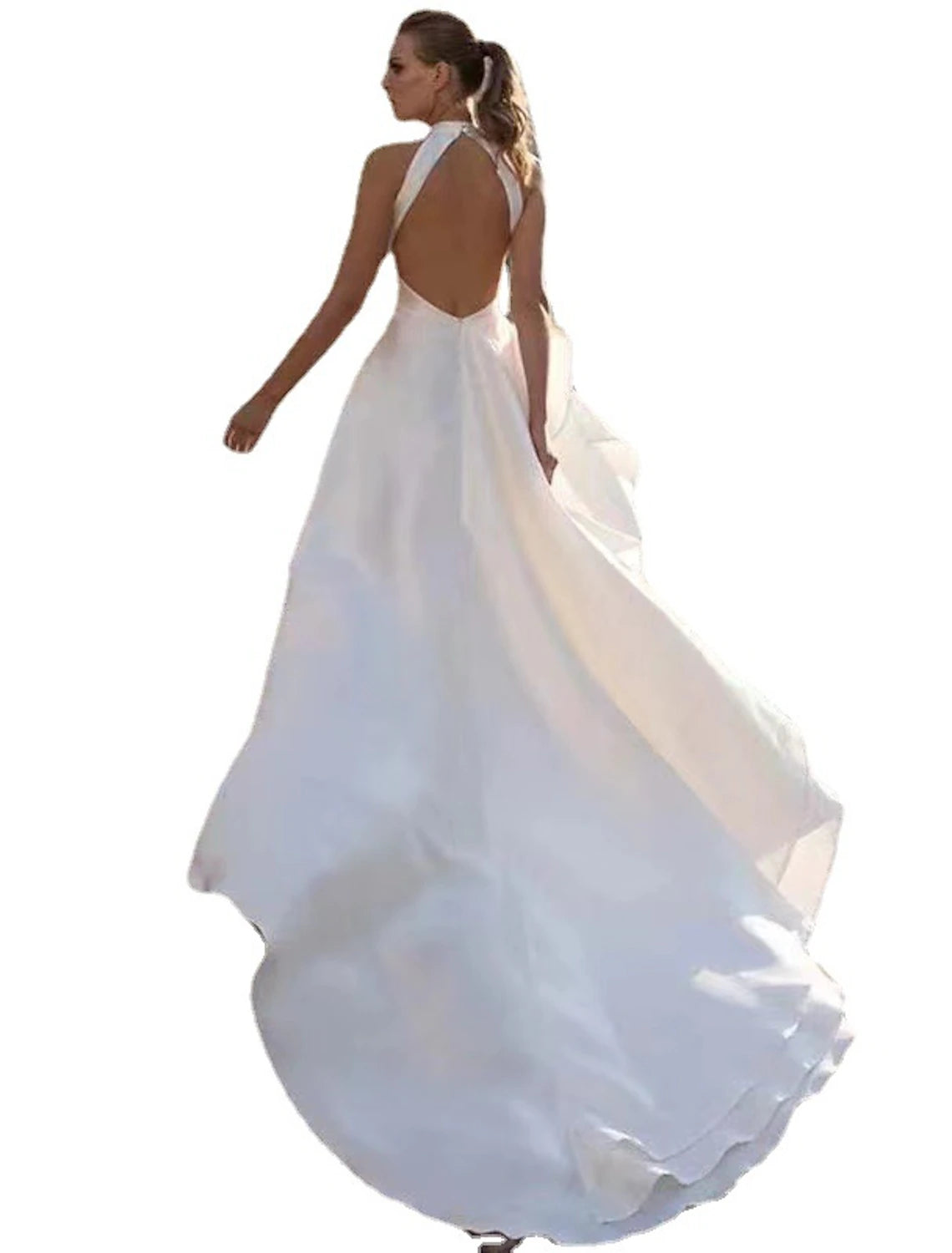 Wholesale  Reception Open Back Casual Wedding Dresses A-Line Halter Sleeveless Court Train Satin Bridal Gowns With Solid Color Summer Fall Wedding Party