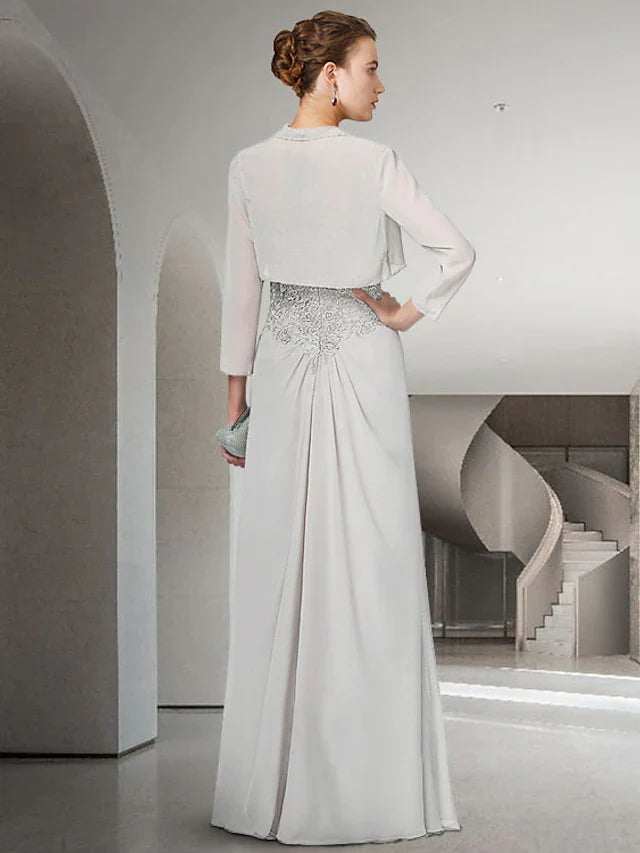 Wholesale Two Piece Sheath / Column Mother of the Bride Dress Elegant Jewel Neck Floor Length Chiffon Lace 3/4 Length Sleeve Wrap Included with Ruffles Appliques