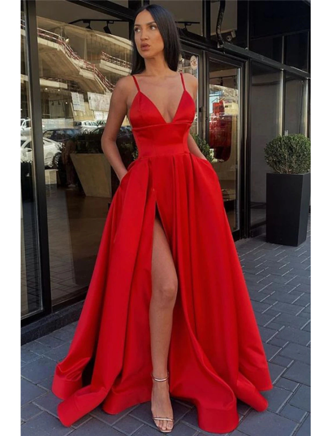 Wholesale  A-Line Black Prom Dress High Split Evening Dress Formal Birthday Summer Dress Spaghetti Strap Sleeveless Sweep / Brush Train Satin with Pleats Split Front