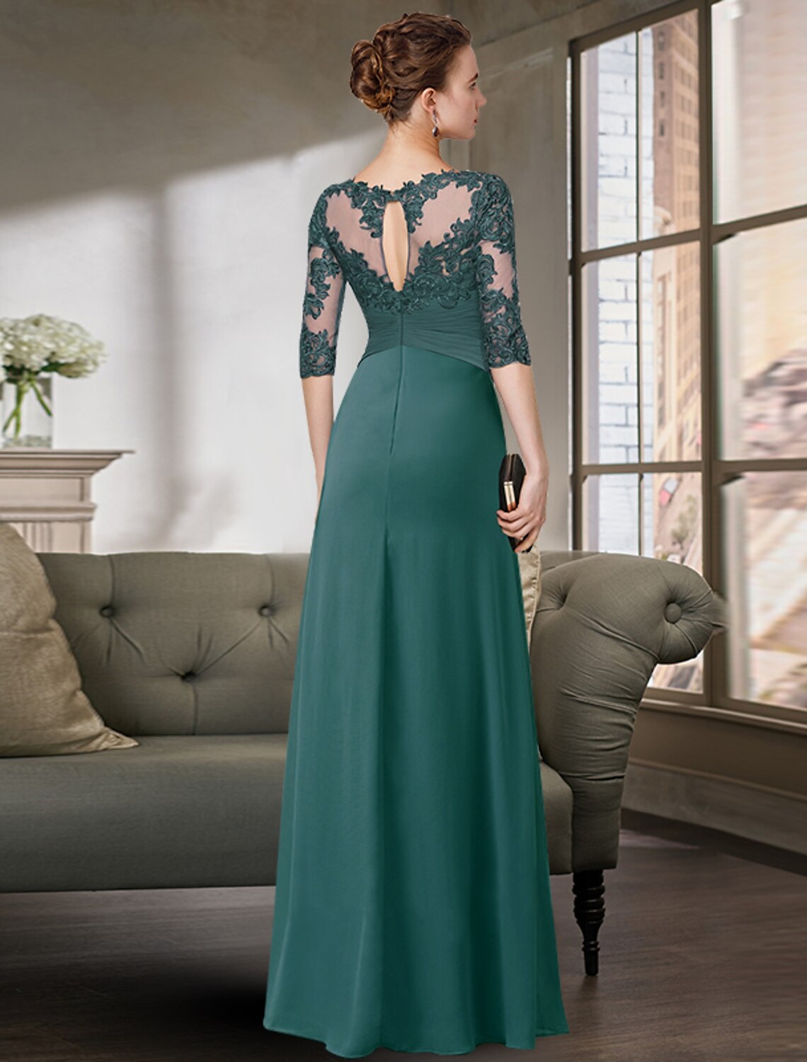 Wholesale  Sheath / Column Mother of the Bride Dress Simple Elegant Jewel Neck Floor Length Chiffon Lace Half Sleeve with Pleats Solid