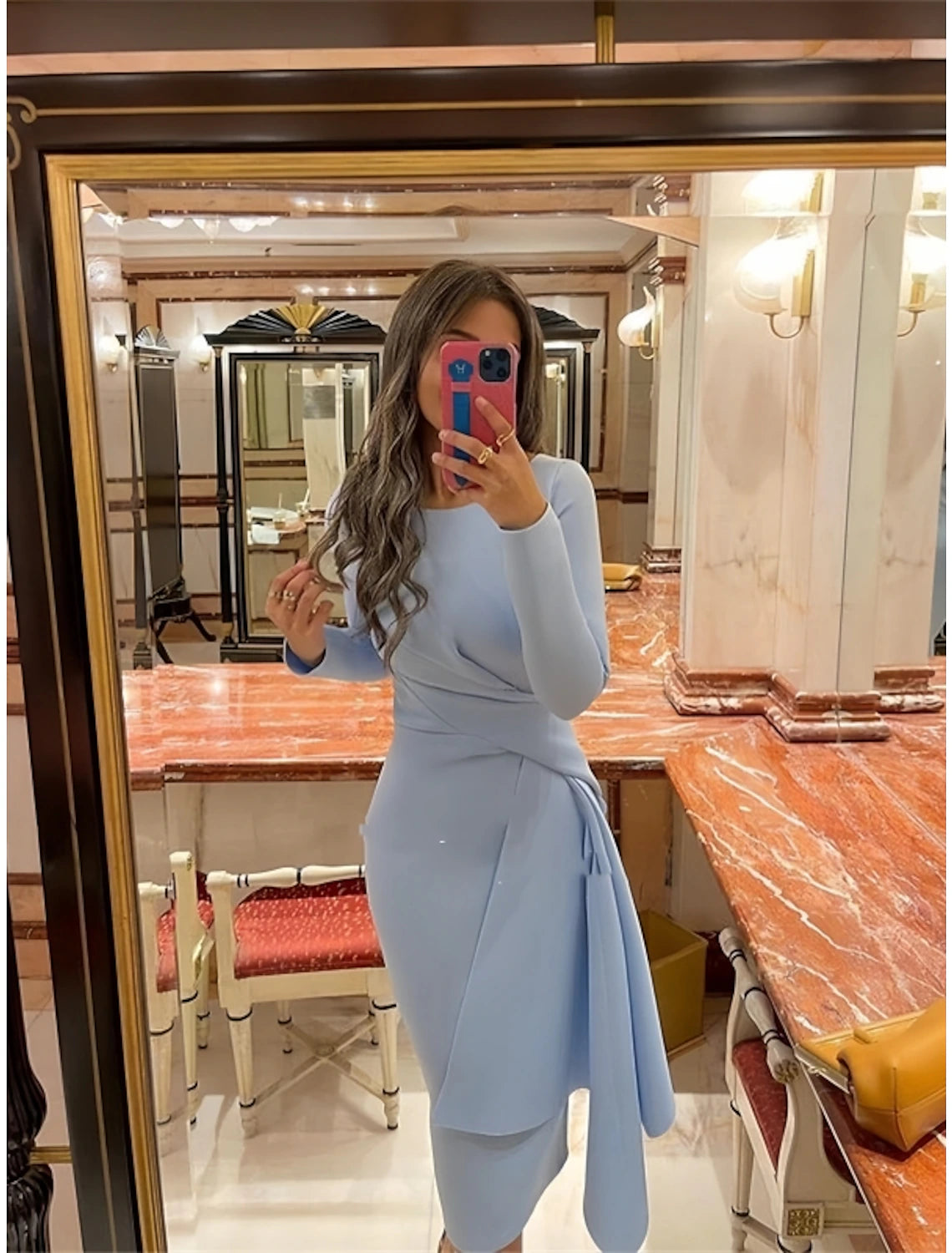 Wholesale Sheath / Column Cocktail Dresses Elegant Dress Formal Fall Knee Length Long Sleeve Jewel Neck Stretch Fabric with Pleats Ruched