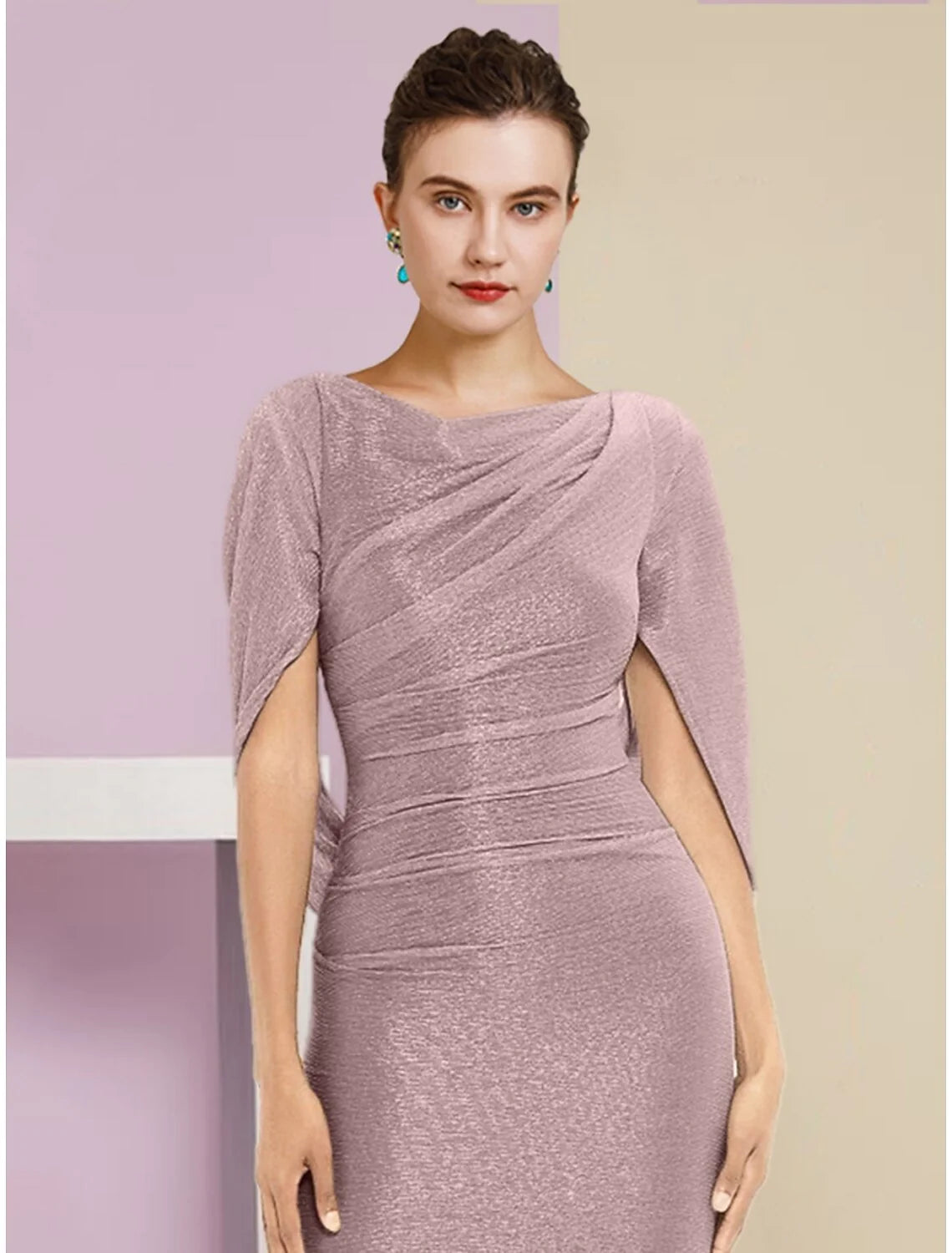 Wholesale Mermaid / Trumpet Mother of the Bride Dress Wedding Guest Sparkle & Shine Elegant Scoop Neck Ankle Length Chiffon Half Sleeve with Sequin Ruching Solid