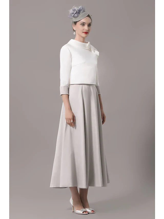 Wholesale Two Piece Mother of the Bride Dress Church Elegant Jewel Neck Ankle Length Stretch Satin 3/4 Length Sleeve with Bow(s)