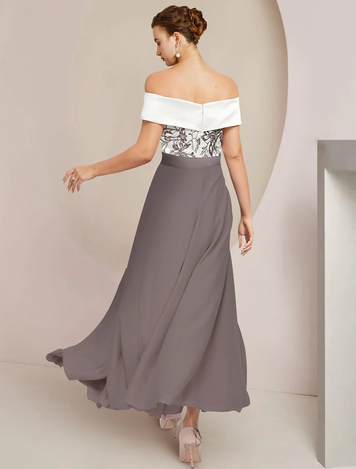 Wholesale A-Line Mother of the Bride Dress Wedding Guest Elegant Off Shoulder Ankle Length Stretch Fabric Short Sleeve with Appliques Ruching