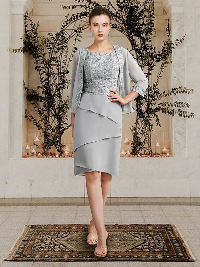 Wholesale Two Piece Sheath / Column Mother of the Bride Dress Church Elegant Square Neck Jewel Neck Knee Length Chiffon Lace Sleeveless Wrap Included with Ruffles Appliques