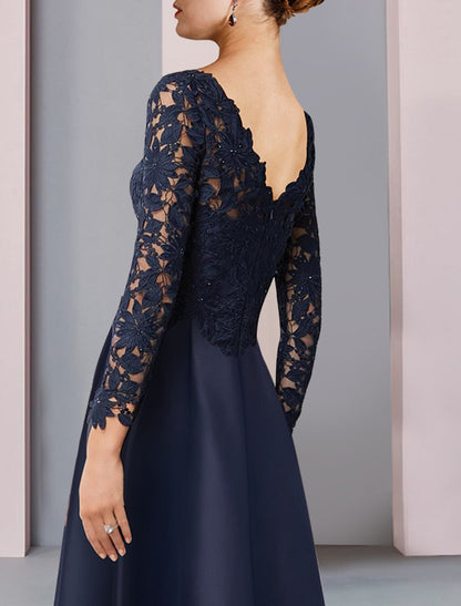 Wholesale  A-Line Mother of the Bride Dress Formal Wedding Guest Elegant High Low V Neck Asymmetrical Tea Length Satin Lace Long Sleeve with Pleats Appliques
