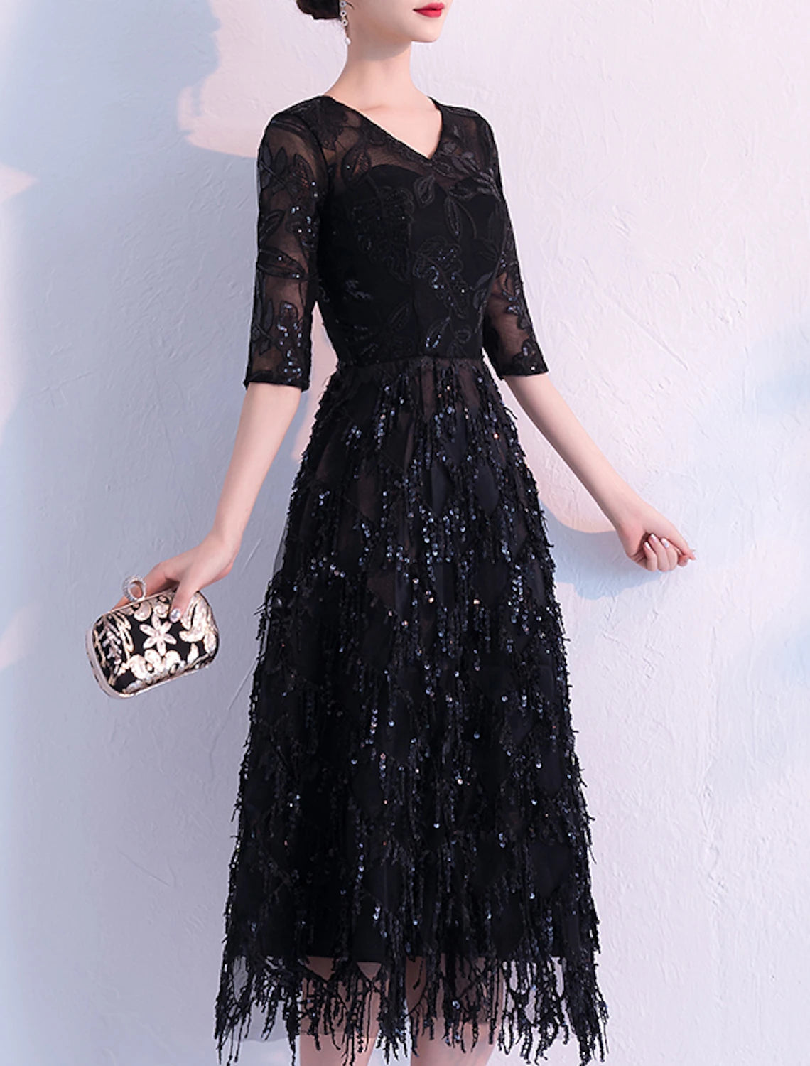 Wholesale A-Line Flapper Sparkle Party Wear Cocktail Party Dress V Neck Half Sleeve Tea Length Lace with Sequin Tassel
