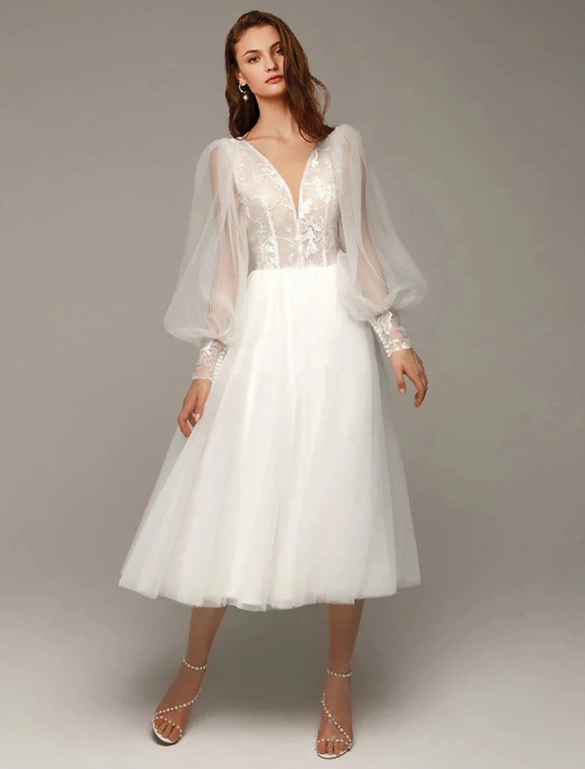 Wholesale  Hall Vintage 1940s / 1950s Little White Dresses Wedding Dresses A-Line V Neck Long Sleeve Tea Length Satin Bridal Gowns With Appliques Solid