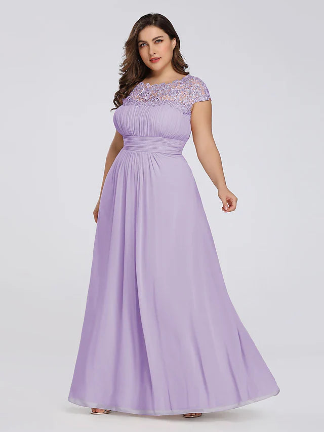 Wholesale A-Line Mother of the Bride Dress Plus Size Jewel Neck Floor Length Chiffon Short Sleeve with Lace Ruching