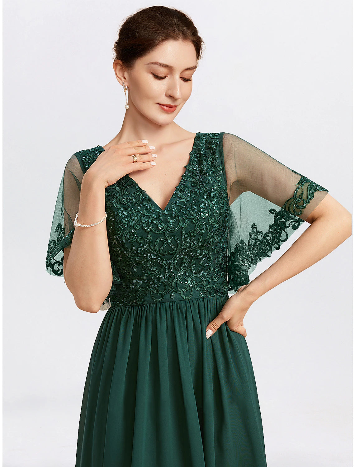 Wholesale A-Line Mother of the Bride Dress Formal Wedding Guest Elegant Cape Dress V Neck Tea Length Chiffon Short Sleeve with Beading Appliques