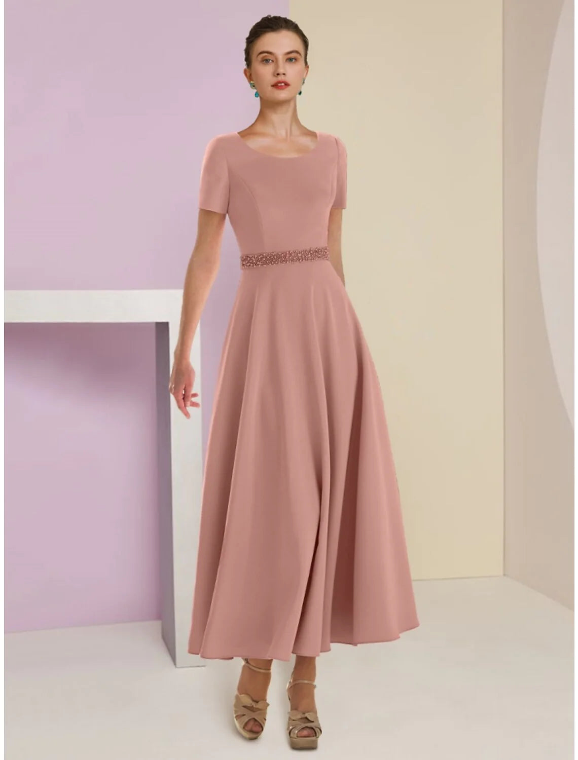 Wholesale Two Piece A-Line Mother of the Bride Dress Wedding Guest Elegant Scoop Neck Ankle Length Satin 3/4 Length Sleeve with Feather Bow(s) Beading