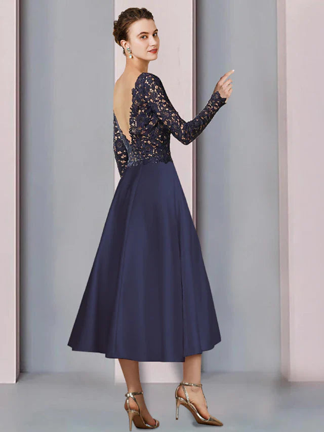 Wholesale A-Line Mother of the Bride Dress Wedding Guest Elegant Scoop Neck Tea Length Satin Lace Long Sleeve with Pleats Beading Appliques