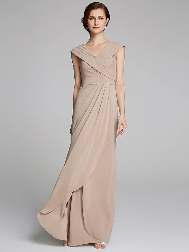 Wholesale Sheath / Column Mother of the Bride Dress Elegant V Neck Floor Length Jersey Short Sleeve with Pleats