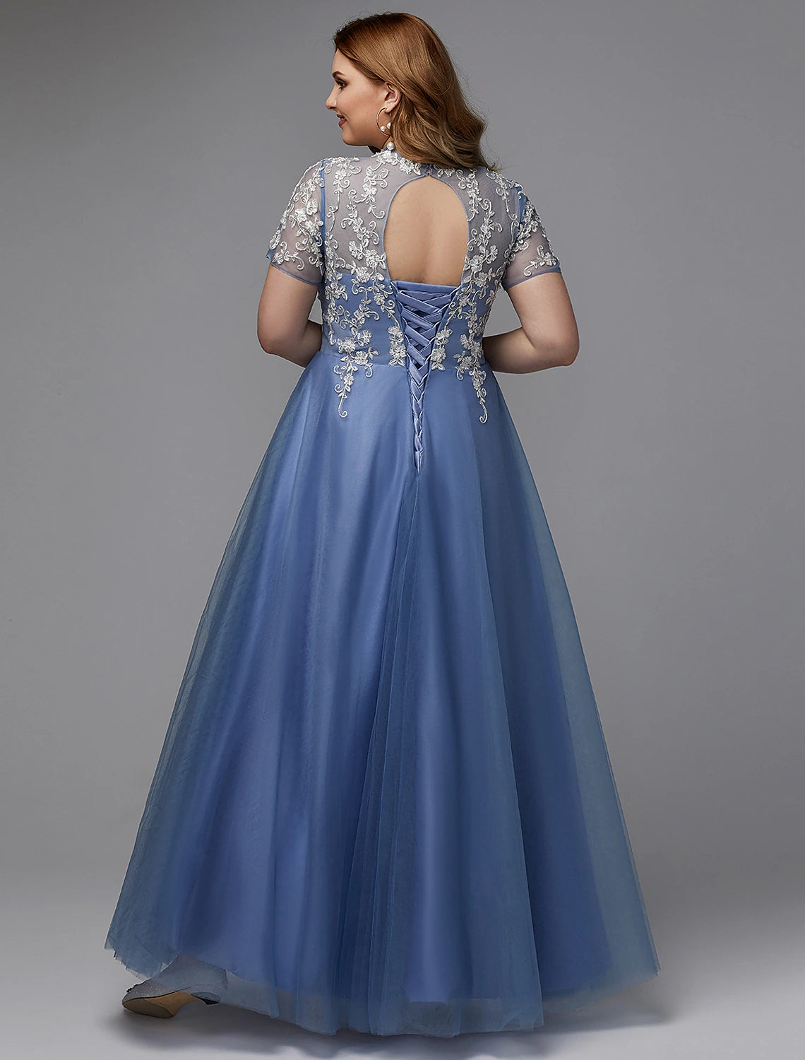 Wholesale  A-Line Plus Size Dress Wedding Guest Prom Floor Length Short Sleeve High Neck Lace Lace-up with Appliques
