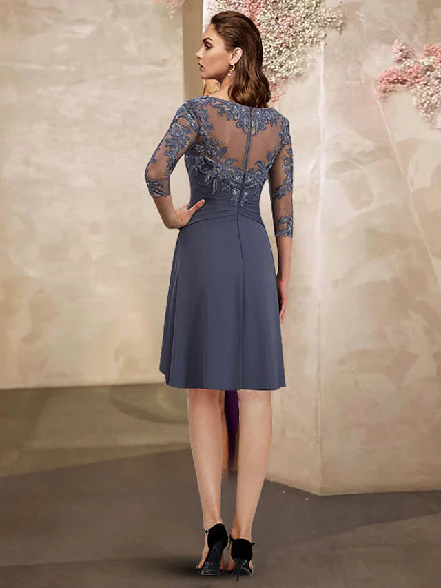 Wholesale A-Line Mother of the Bride Dress Elegant Sweet Jewel Neck Knee Length Chiffon Lace 3/4 Length Sleeve with Pleats Appliques