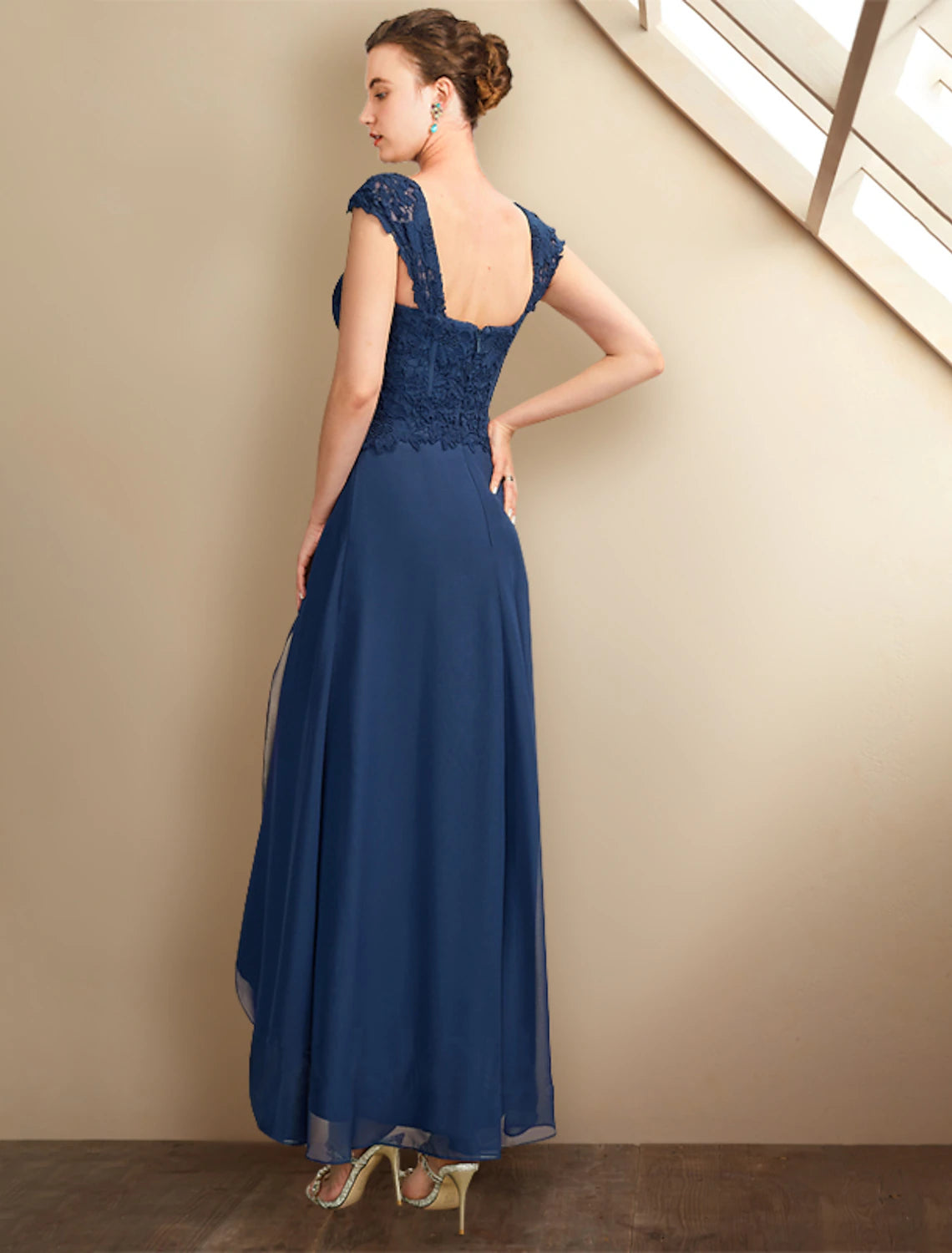 Wholesale  Two Piece A-Line Mother of the Bride Dress Church Plus Size Elegant High Low Square Neck Asymmetrical Tea Length Chiffon Lace Short Sleeve Wrap Included with Appliques