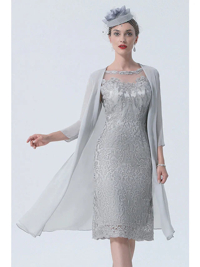 Wholesale Two Piece Mother of the Bride Dress Church Vintage Plus Size Sexy Jewel Neck Tea Length Chiffon 3/4 Length Sleeve with Lace
