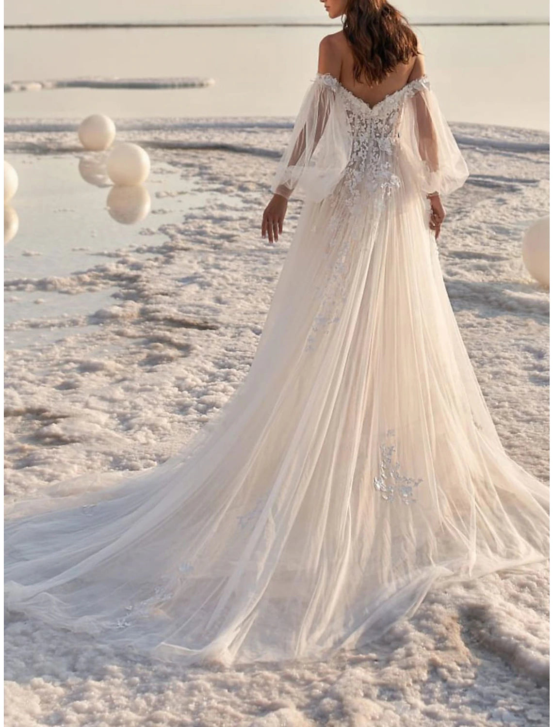 Wholesale Beach Formal Wedding Dresses A-Line Off Shoulder Long Sleeve Court Train Lace Bridal Gowns With Appliques