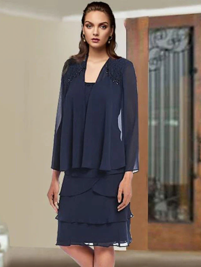 Wholesale Two Piece Sheath / Column Mother of the Bride Dress Elegant Scoop Neck Knee Length Chiffon Lace Sleeveless Wrap Included with Beading Ruffles