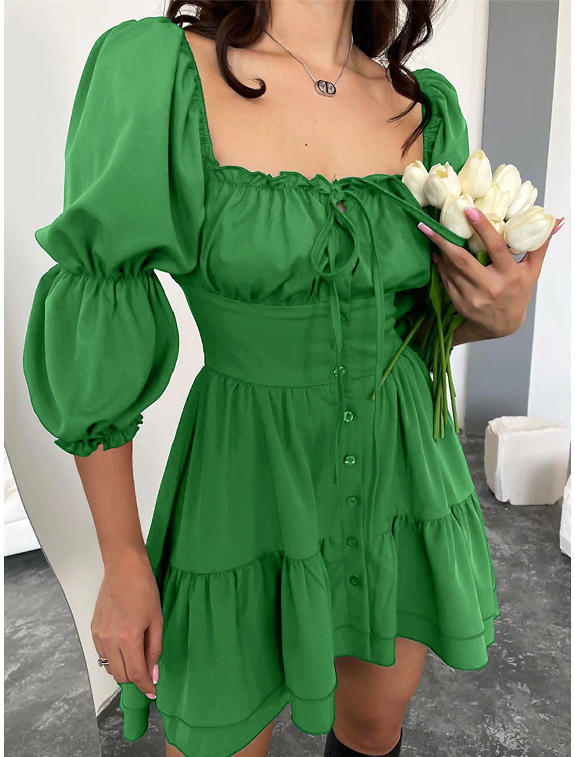 Wholesale Women's Party Dress Homecoming Dress Cocktail Dress Mini Dress Blue Fuchsia Green Long Sleeve Plain Lace up Summer Spring Fall Halter Neck Party Wedding Guest Birthday Vacation