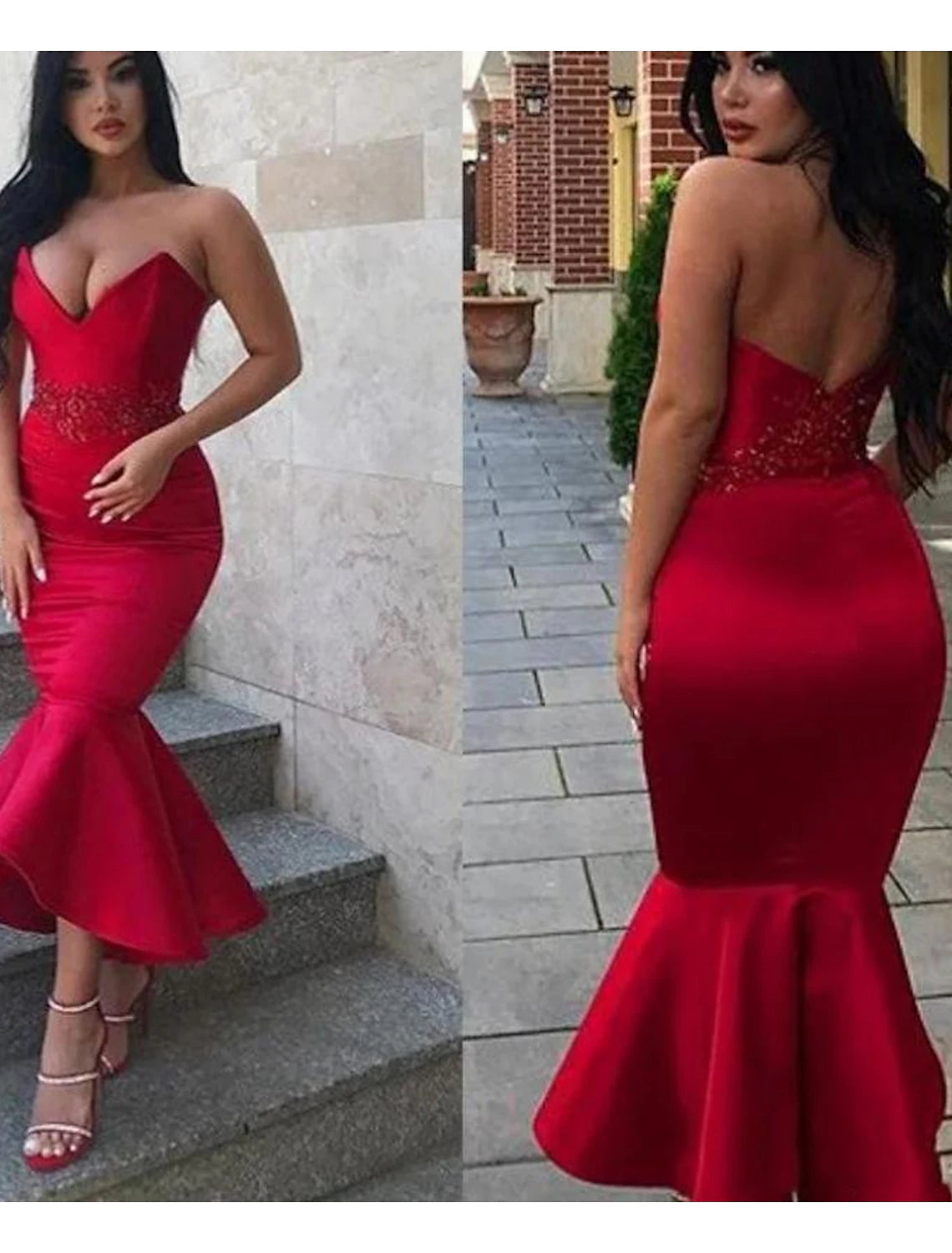 Wholesale Mermaid / Trumpet Party Dresses Backless Dress Homecoming Cocktail Party Ankle Length Sleeveless V Neck Italy Satin Backless with Appliques