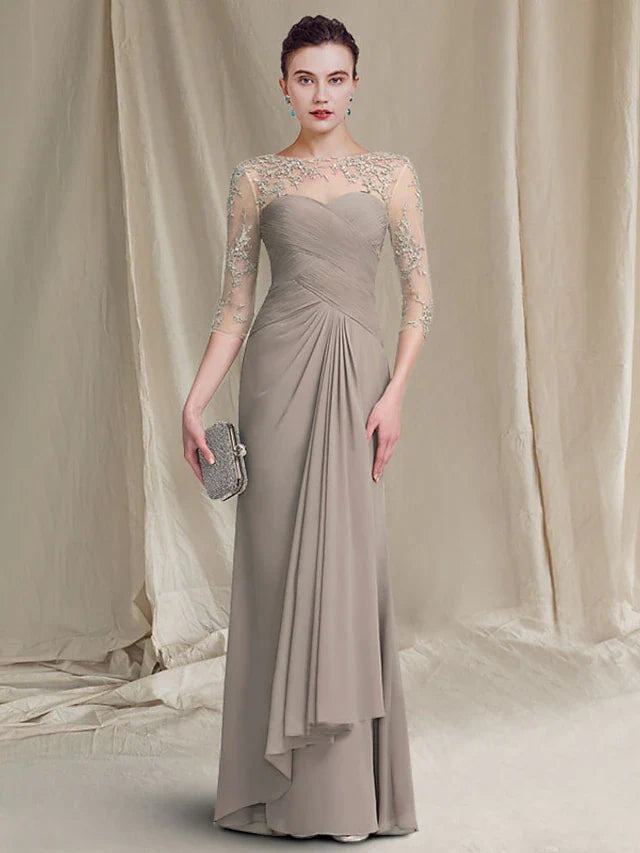 Wholesale A-Line Mother of the Bride Dress Plus Size Elegant Jewel Neck Floor Length Chiffon Lace 3/4 Length Sleeve with Ruched Appliques