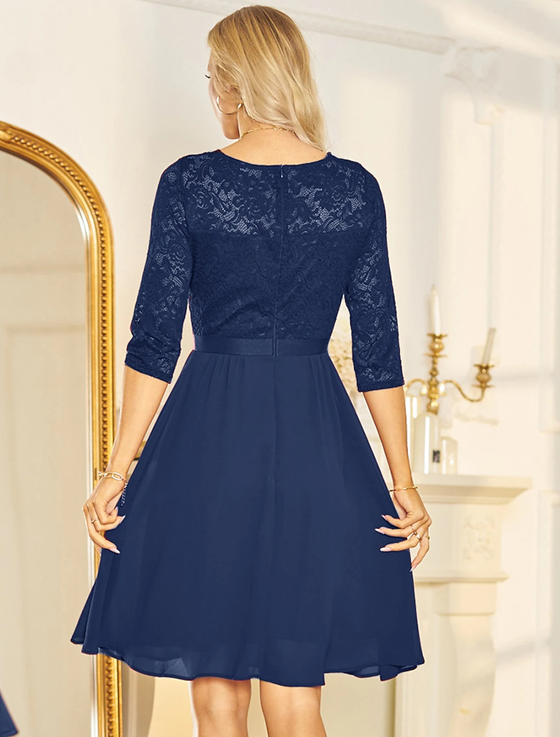 Wholesale A-Line Cocktail Dresses Vintage Dress Wedding Guest Party Wear Knee Length Half Sleeve V Neck Chiffon with Pleats