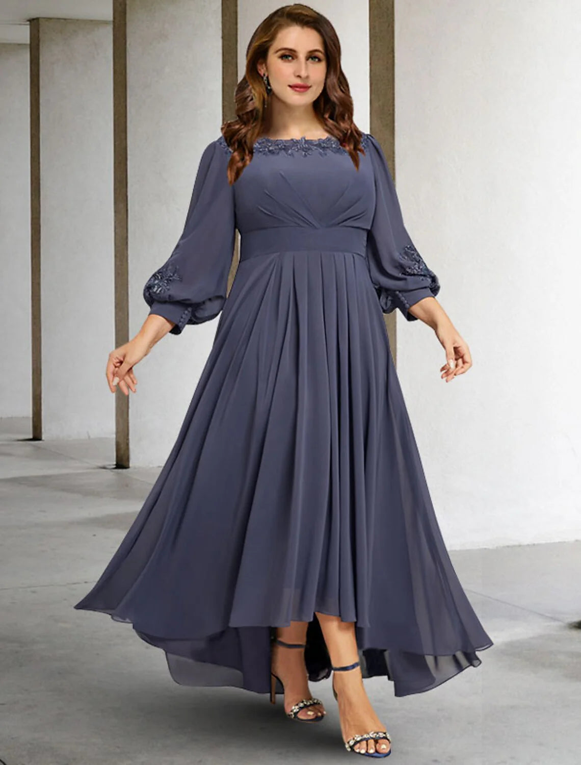 Wholesale A-Line Mother of the Bride Dresses Plus Size Hide Belly Curve Elegant Dress Formal Asymmetrical 3/4 Length Sleeve Jewel Neck Chiffon with Pleats Appliques
