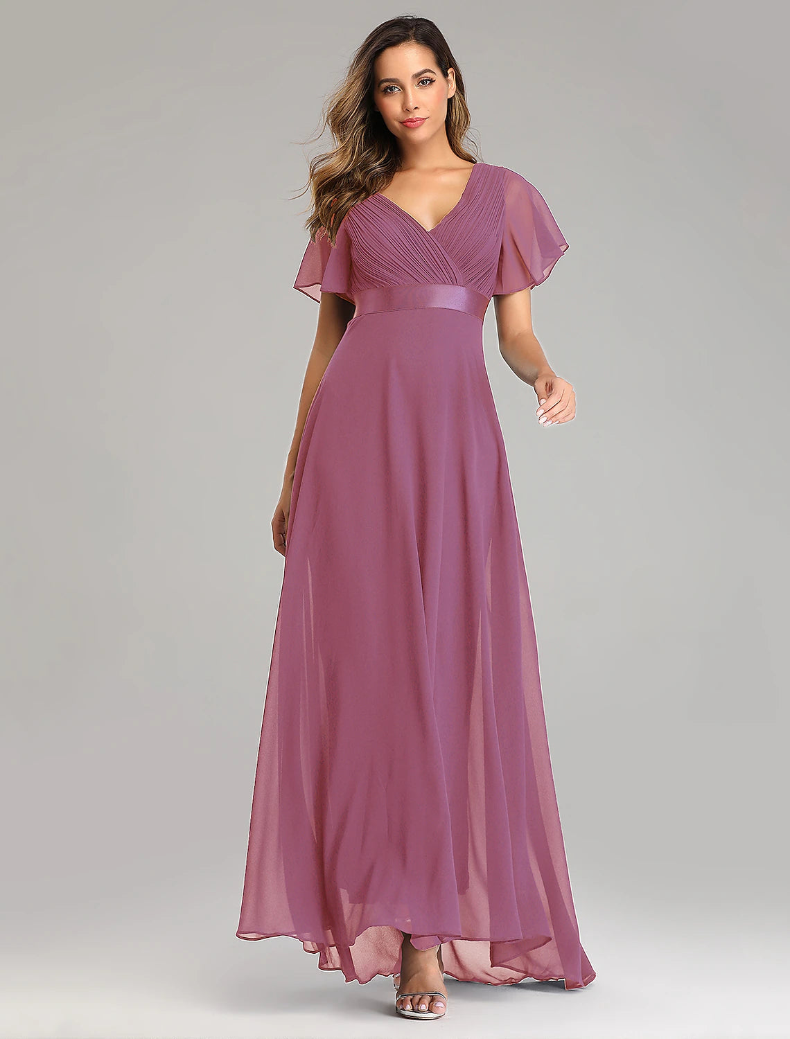 Wholesale A-Line Prom Dresses Maxi Dress Fall Wedding Guest Dress For Bridesmaid Floor Length Short Sleeve V Neck Chiffon V Back with Ruched