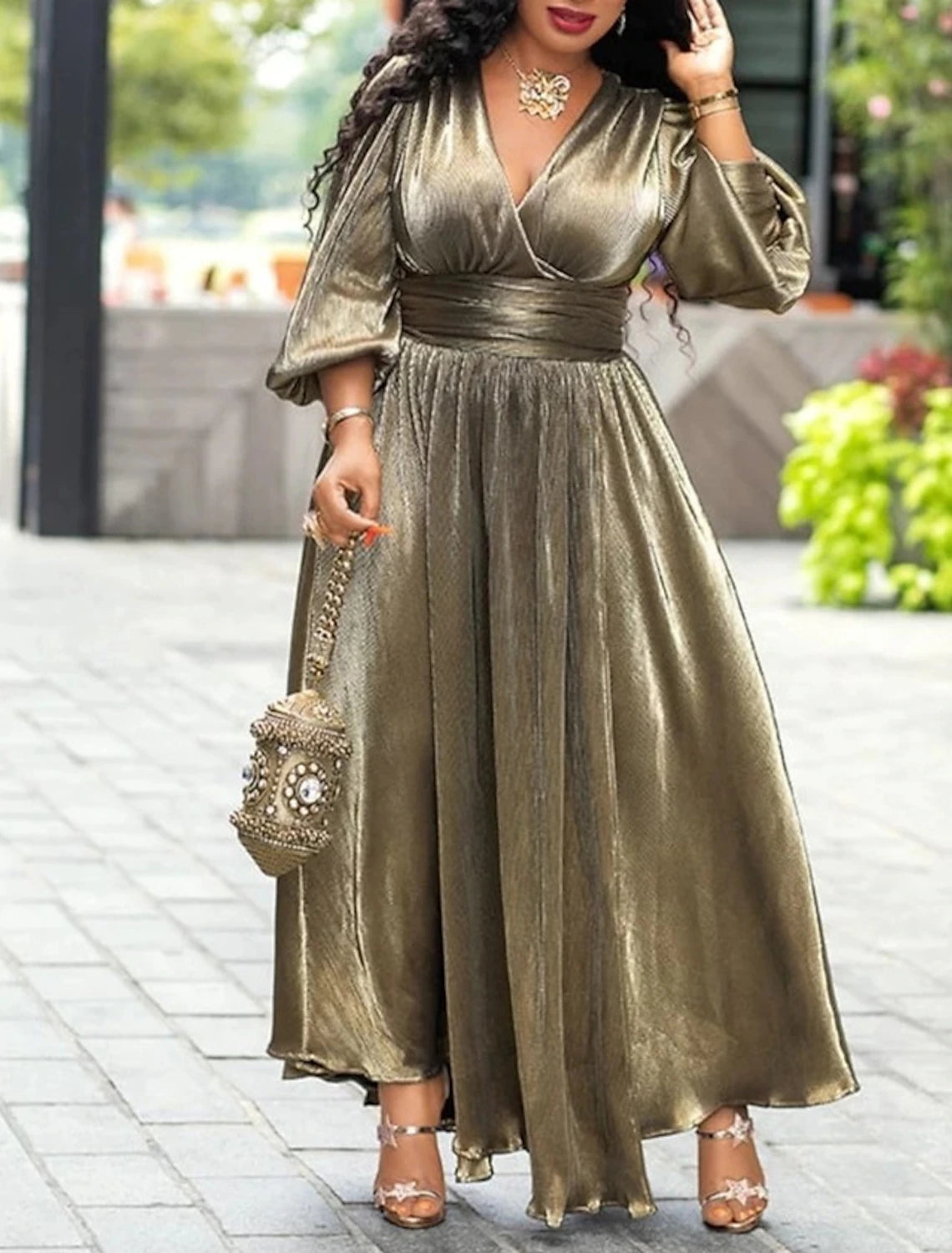 Wholesale A-Line Homecoming Dresses Glittering Dress Holiday Wedding Guest Floor Length Long Sleeve V Neck Lurex Fabric with Glitter Slit