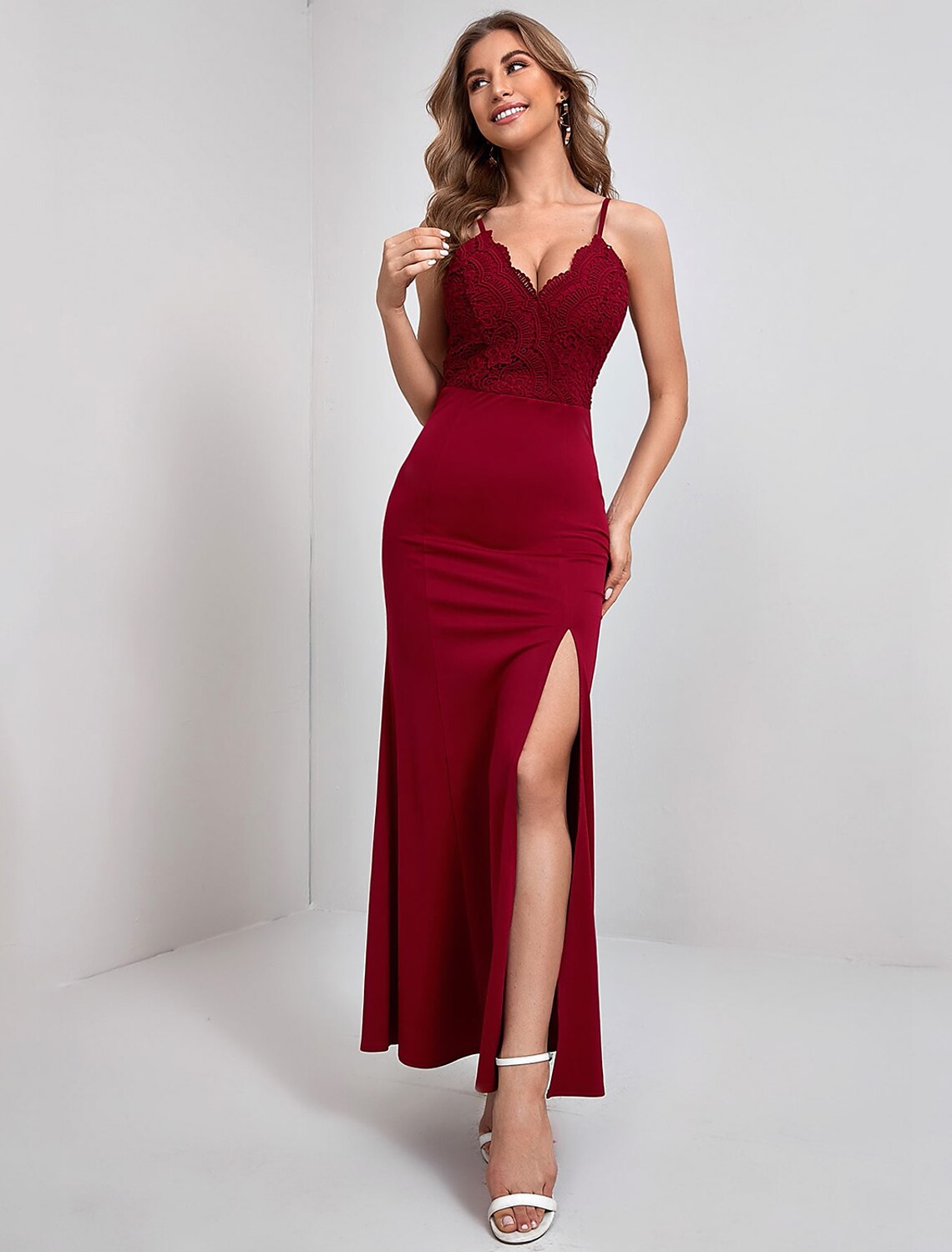 Wholesale Sheath / Column Evening Gown Vintage Dress Party Wear Formal Evening Ankle Length Sleeveless Spaghetti Strap Nylon with Slit Lace