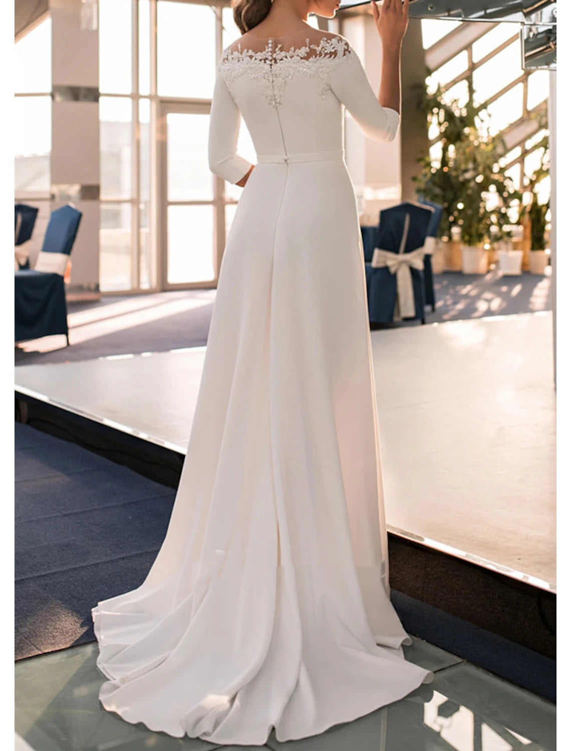 Wholesale Engagement Formal Wedding Dresses A-Line Off Shoulder 3/4 Length Sleeve Sweep / Brush Train Lace Bridal Gowns With Appliques Solid Color