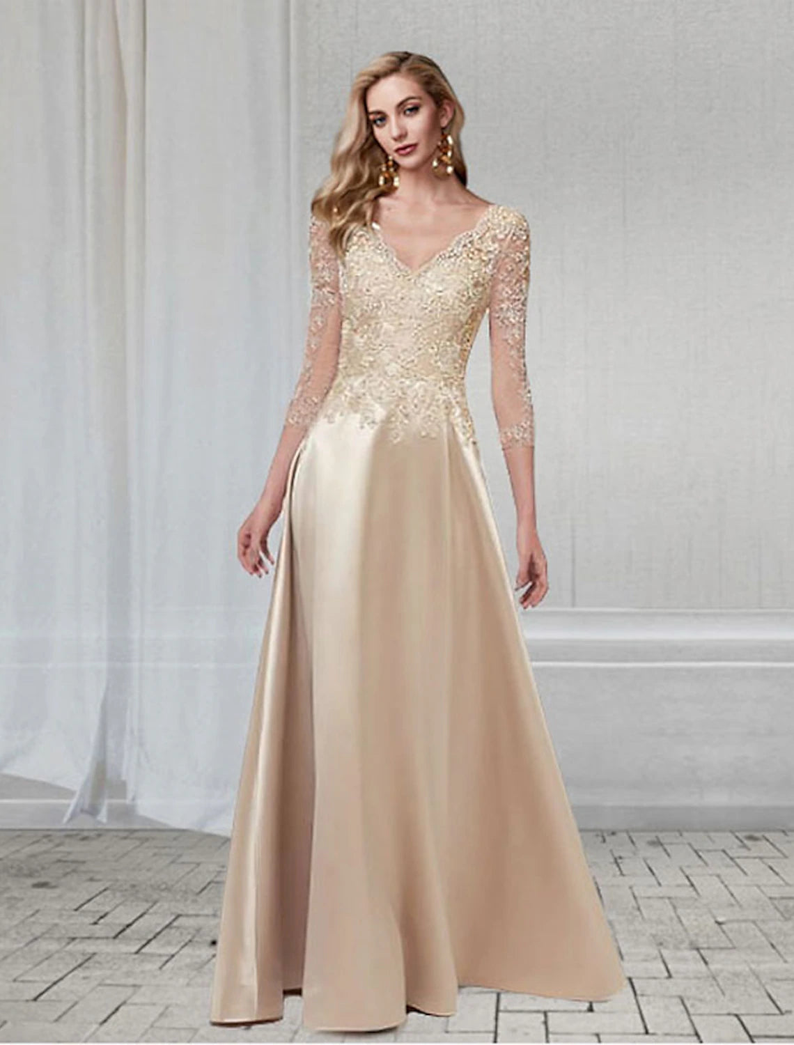 Wholesale A-Line Elegant Wedding Guest Formal Evening Dress V Neck 3/4 Length Sleeve Floor Length Chiffon with Appliques