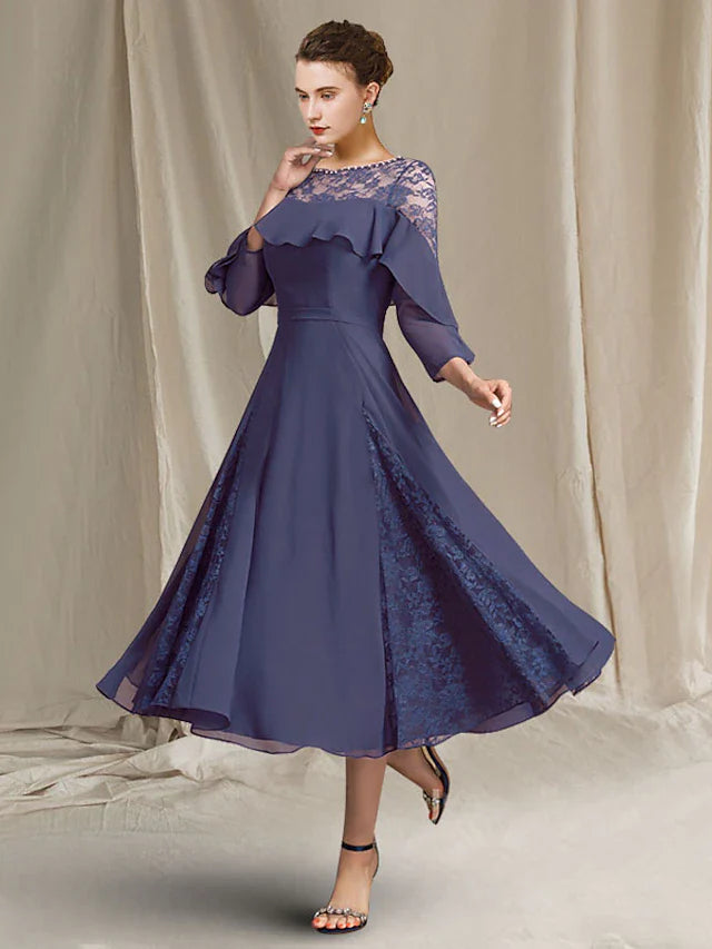 Wholesale A-Line Mother of the Bride Dress Elegant Jewel Neck Tea Length Chiffon 3/4 Length Sleeve with Pleats Sequin Ruffles