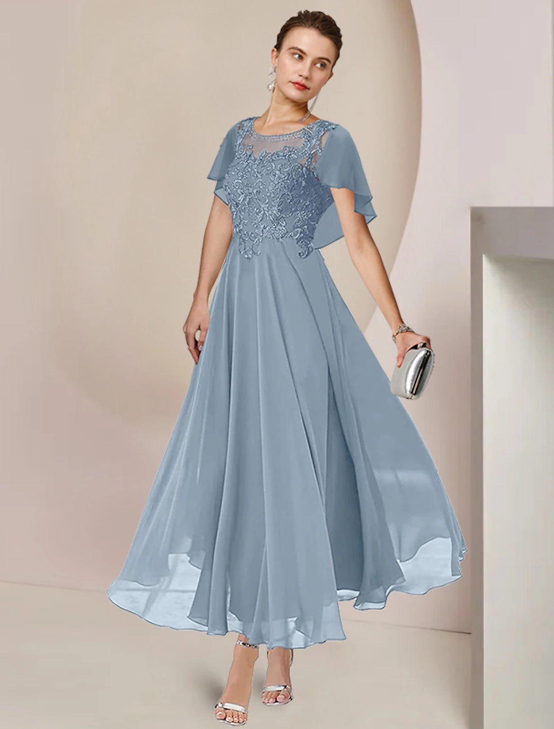 Wholesale  A-Line Mother of the Bride Dress Elegant Scoop Neck Tea Length Chiffon Lace Sleeveless with Beading Appliques