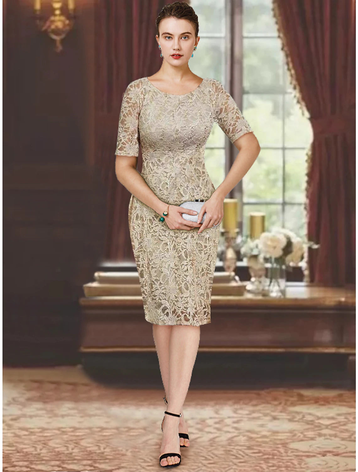 Wholesale  Two Piece Sheath / Column Mother of the Bride Dress Formal Wedding Guest Elegant Scoop Neck Knee Length Chiffon Lace Short Sleeve Jacket Dresses with Solid