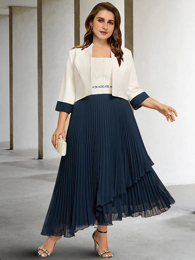 Wholesale Two Piece A-Line Plus Size Curve Mother of the Bride Dresses Color Block Dress Formal Ankle Length Sleeveless Square Neck Chiffon with Pleats Crystals
