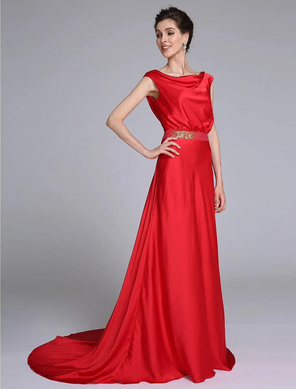 Wholesale Sheath / Column Mother of the Bride Dress Open Back Cowl Neck Court Train Taffeta Sleeveless No with Beading