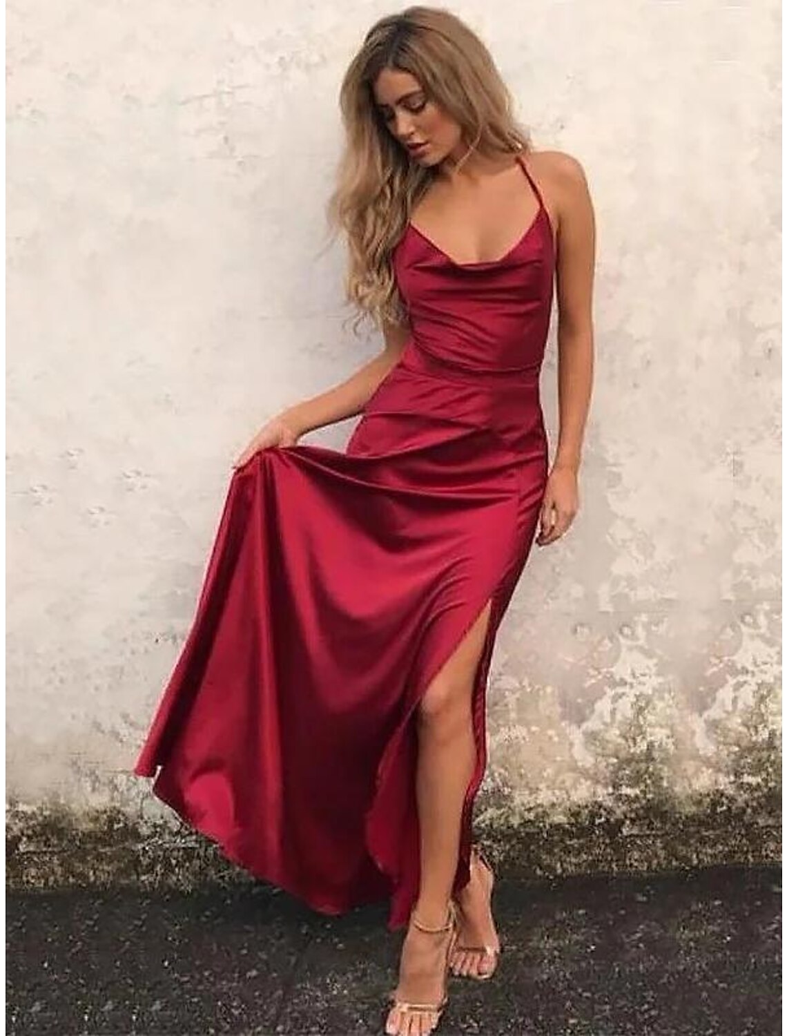 Wholesale  A-Line Beautiful Back Sexy High Split Engagement Prom Formal Evening Dress Spaghetti Strap Sleeveless Floor Length Satin with Ruffles Slit