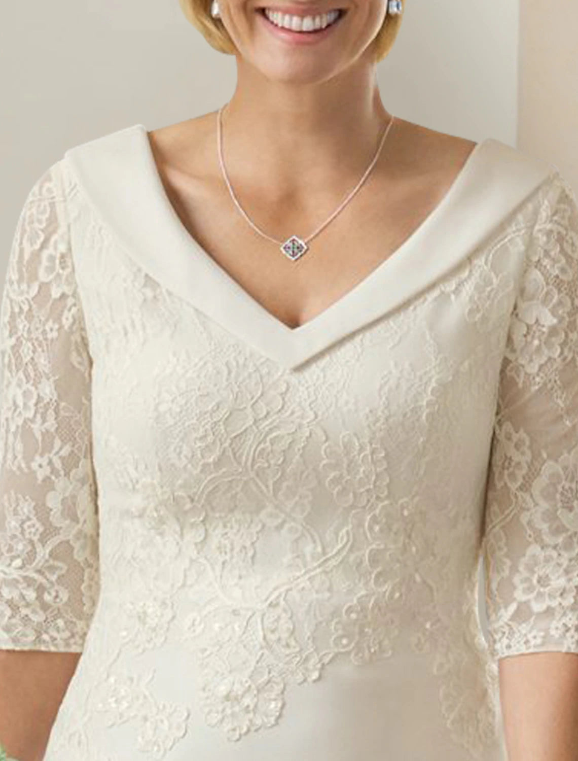 Wholesale Mature Modest Wedding Dresses Sheath / Column V Neck Half Sleeve Floor Length Chiffon Bridal Gowns With Appliques Solid Color