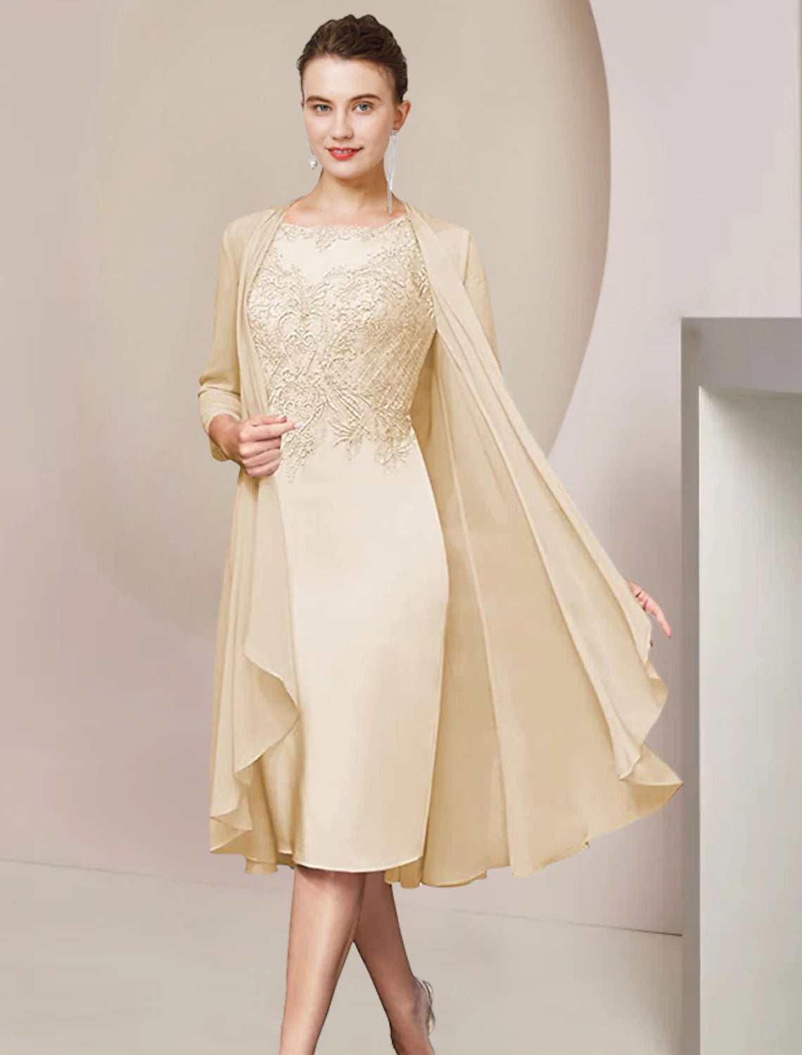 Wholesale Two Piece Sheath / Column Mother of the Bride Dress Formal Wedding Guest Elegant Scoop Neck Knee Length Chiffon Lace Half Sleeve Jacket Dresses with Appliques