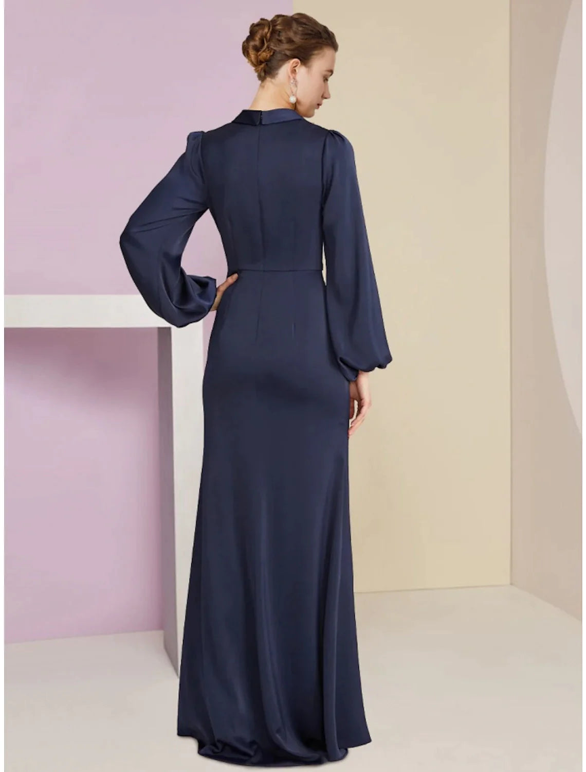 Wholesale Sheath / Column Mother of the Bride Dress Wedding Guest Elegant V Neck Floor Length Stretch Satin Long Sleeve with Split Front Ruching