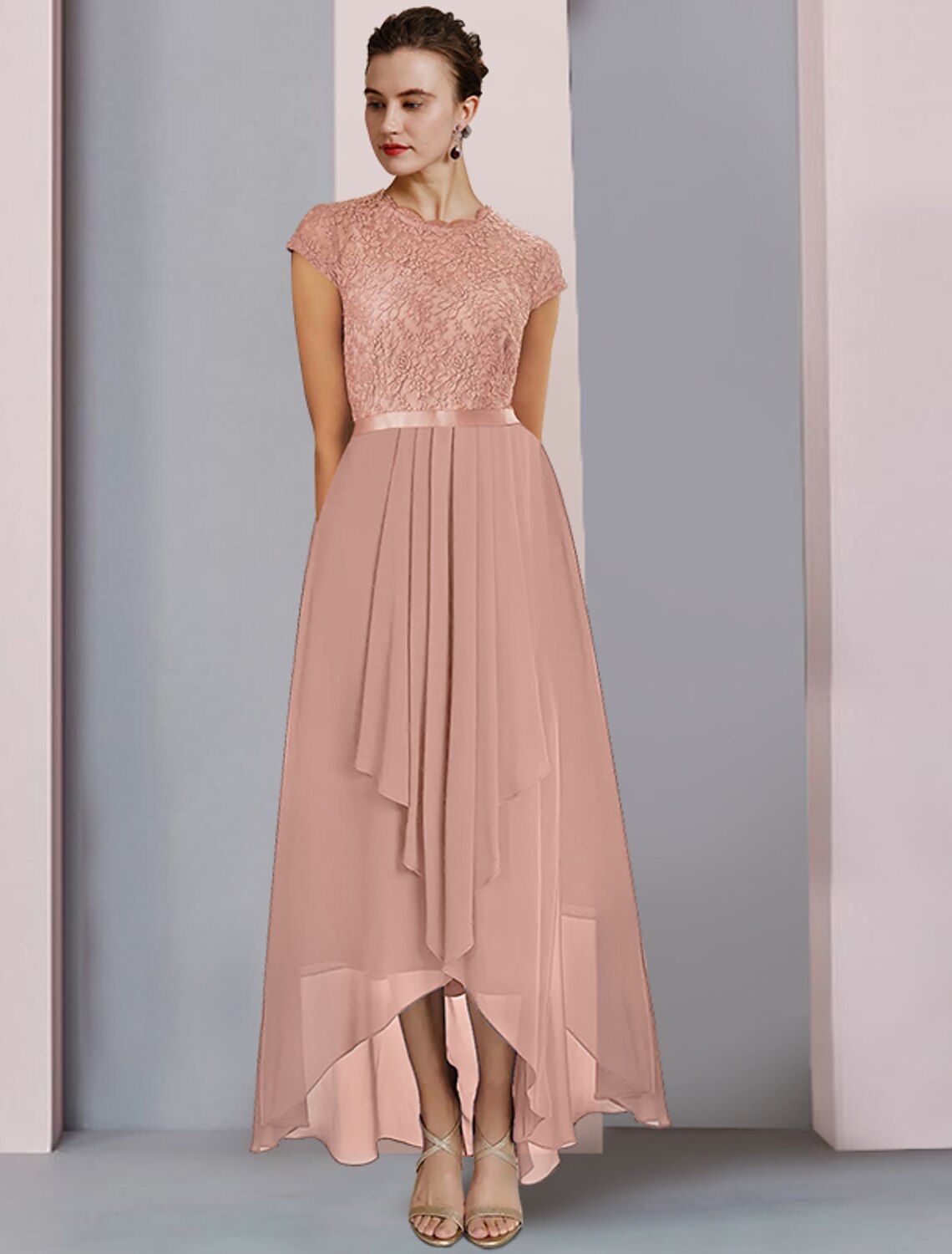 Wholesale  A-Line Mother of the Bride Dress Formal Wedding Guest Elegant High Low Scoop Neck Asymmetrical Tea Length Chiffon Lace Short Sleeve with Pleats