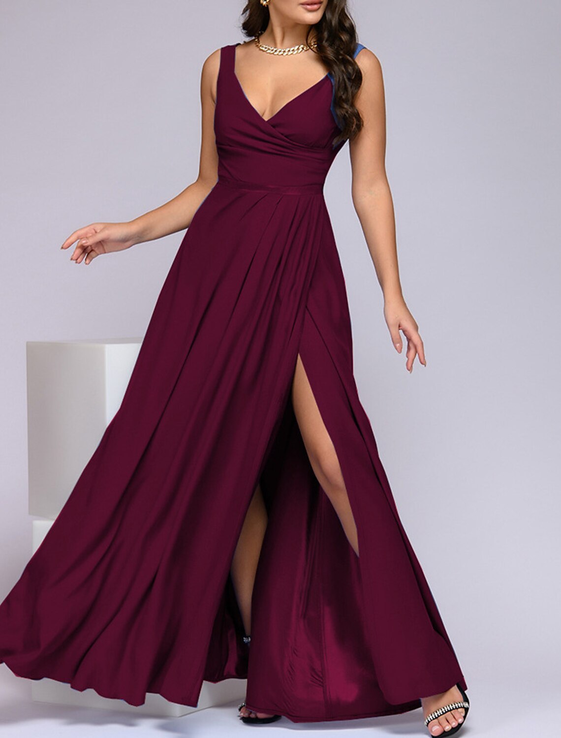 Wholesale A-Line Bridesmaid Dress V Neck Sleeveless Elegant Floor Length Spandex with Split Front / Ruching