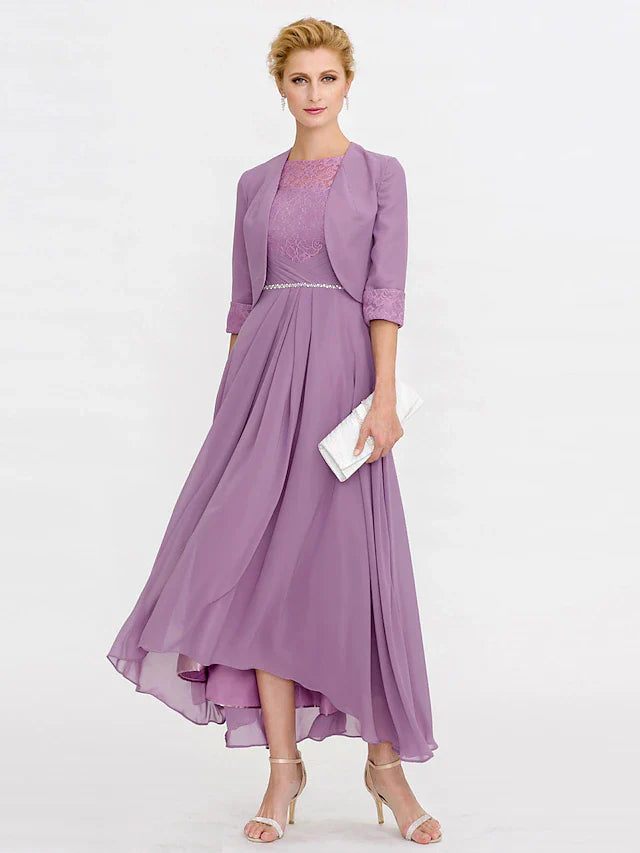 Wholesale Two Piece Ball Gown A-Line Mother of the Bride Dress Formal Church Convertible Dress High Low See Through Illusion Neck Asymmetrical Chiffon Lace 3/4 Length Sleeve with Crystals