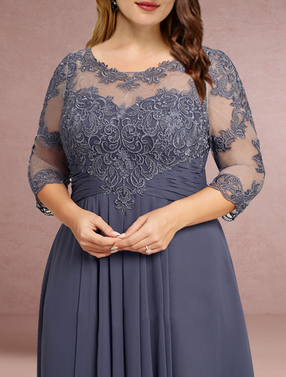 Wholesale  Sheath / Column Mother of the Bride Dress Wedding Guest Elegant Jewel Neck Asymmetrical Chiffon Lace 3/4 Length Sleeve with Pleats Solid