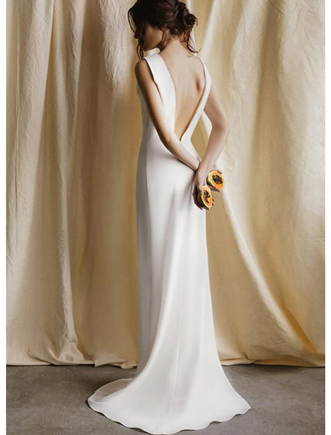 Wholesale  Reception Open Back Casual Wedding Dresses Sheath / Column Scoop Neck Sleeveless Sweep / Brush Train Satin Bridal Gowns With Solid Color Summer Fall Wedding Party Women's Clothing