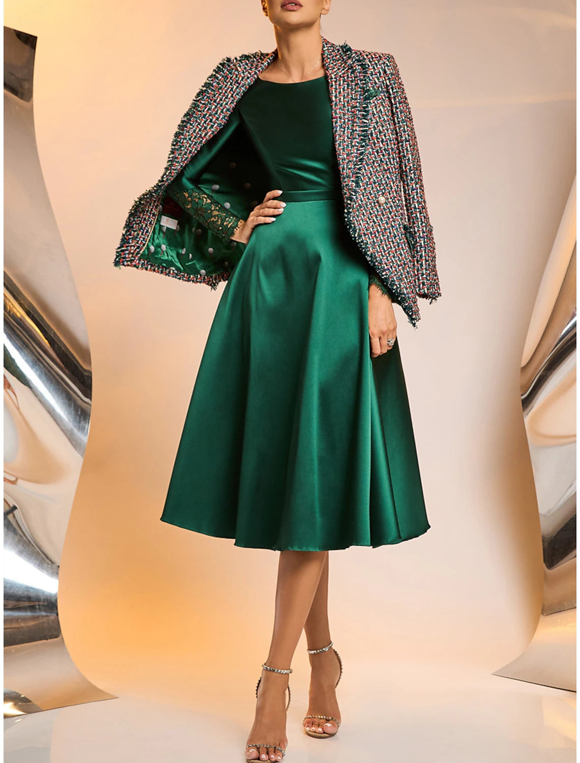 Wholesale A-Line Cocktail Dresses Elegant Dress Wedding Guest Tea Length Long Sleeve Jewel Neck Satin with Appliques