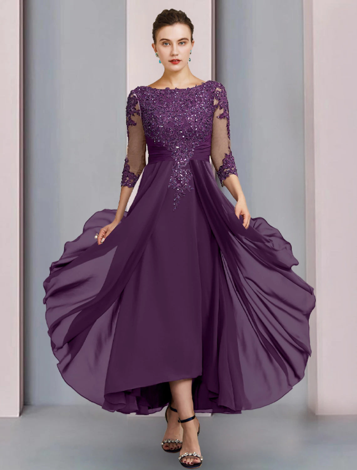 Wholesale  Sheath / Column Mother of the Bride Dress Wedding Guest Party Elegant Scoop Neck Ankle Length Chiffon Lace 3/4 Length Sleeve with Pleats Sequin