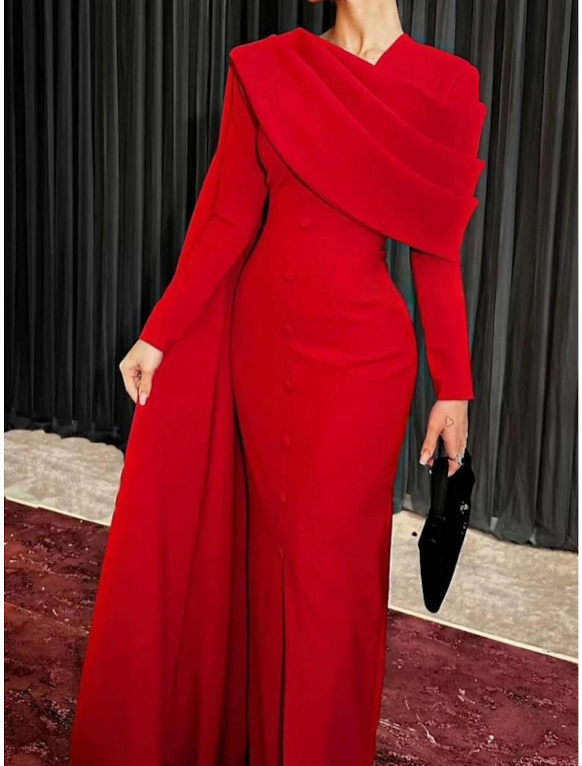 Wholesale Sheath / Column Red Black Christmas Red Green Dress Evening Gown Elegant Cape Dress Formal Fall Sweep / Brush Train Long Sleeve Cowl Neck Stretch Fabric with Buttons Slit